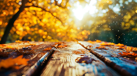 The empty wooden table with blur background of autumn.の素材