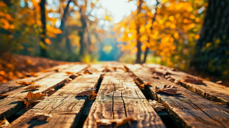 The empty wooden table with blur background of autumn.の素材