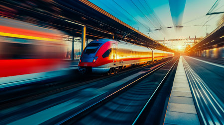 High speed train in motion on the railway station at sunset. Fast moving modern passenger train on railway platform. Railroad with motion blur effect. Commercial transportation. Blurred background.の素材