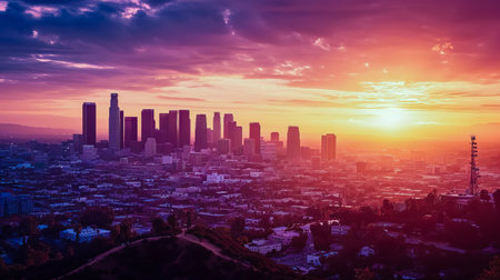 The skyline of Los Angeles during sunrise.の素材