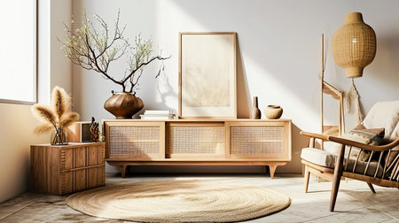 Creative composition of living room interior with mock up poster frame, copy space, wooden sideboard, vase with branch, rattan armchair, beige rug and personal accessories. Home decor.の素材