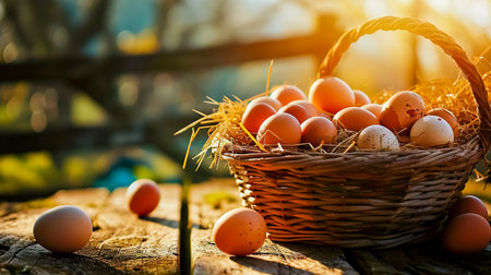 Basket of chicken eggs on a wooden table over farm in the countryside.の素材