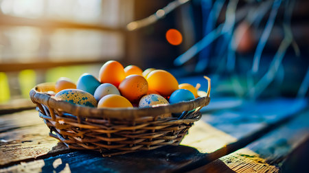 Basket of colorful chicken eggs on a wooden table in the chicken farm.の素材