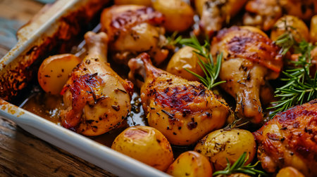 Chicken legs with potatoes and rosemary in a baking dish as background, top view.の素材