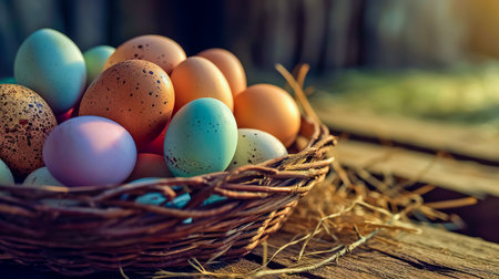 Basket of colorful chicken eggs on a wooden table in the chicken farm.の素材