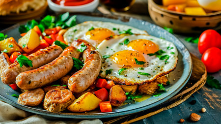 Breakfast with sausages, eggs and potatoes with vegetable salsa and Golan sauce. Healthy and tasty breakfast on a plate.の素材