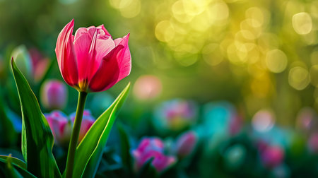 Blurred pink flowers of tulip on background with space for message. Valentine's Day and Mother's Day background. Soft focus.の素材