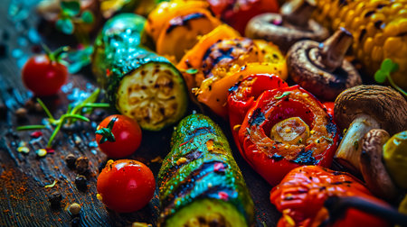 Healthy and tasty food concept. Grilled vegetables paprika, mushrooms, zucchini, paprika and Brussels sprouts.の素材
