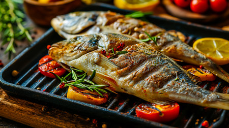 Fried fish with vegetables. Grilled Dorada fish, sea breath with the addition of spices, herbs and lemon on the grill plate.の素材