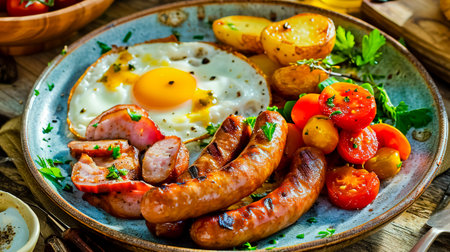 Breakfast with sausages, eggs and potatoes with vegetable salsa and Golan sauce. Healthy and tasty breakfast on a plate.の素材