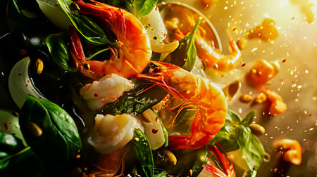 Asian food delivery. Chinese recipes. Flying wok ingredients - shrimp, vegetables, onions and peanuts.の素材