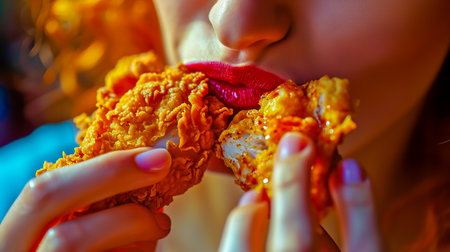 Close-up of young woman eating fried chicken, nuggets.の素材