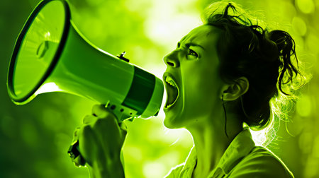 Businesswoman screaming into megaphone.の素材