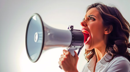 Businesswoman screaming into megaphone.の素材