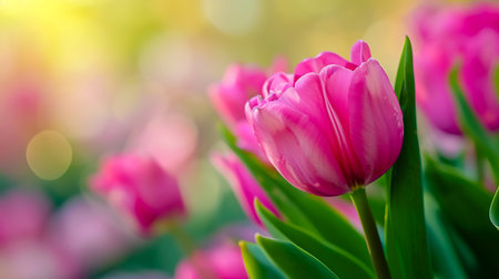 Blurred pink flowers of tulip on background with space for message. Valentine's Day and Mother's Day background. Soft focus.の素材