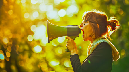 Businesswoman screaming into megaphone.の素材