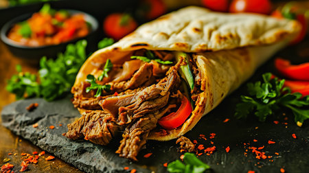 Beef shawarma on a dark background. Shawarma with beef in pita bread. Photo for the menu.の素材