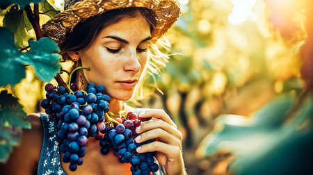 Close-up of portrait of woman farmer in vineyard holding bunch of ripe grapes.の素材