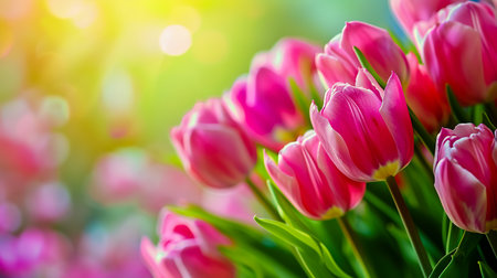 Blurred pink flowers of tulip on background with space for message. Valentine's Day and Mother's Day background. Soft focus.の素材