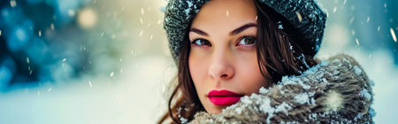 Beauty portrait of beautiful attractive woman, young calm woman at fresh air at winter cold frosty snowy day.の素材