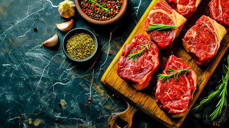 Raw marinated marbled beef steaks on a wooden board. Top view.の素材
