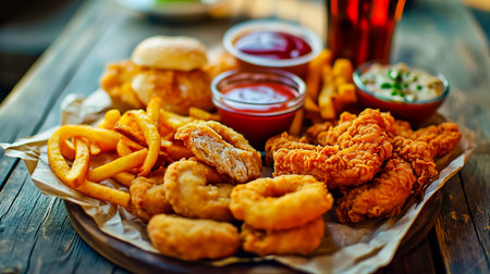 Fast food meals: onion rings, French fries, chicken nuggets and fried chicken on wooden table, top view.の素材