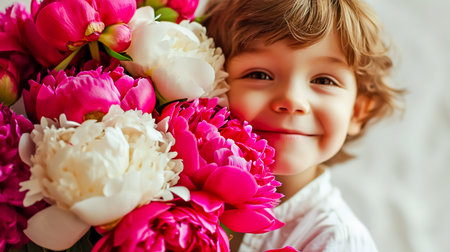 Cheerful happy child with Peonies bouquet. Smiling little boy on white background. Mother's Day.の素材