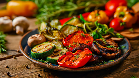 Healthy and tasty food concept. Grilled vegetables paprika, mushrooms, zucchini, paprika and Brussels sprouts.の素材