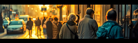 European people queue on street outside.の素材