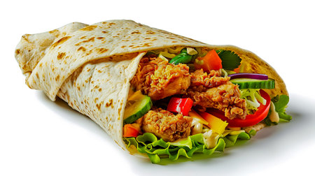 Tortilla wrap with fried chicken meat and vegetables isolated on white background, close up.の素材