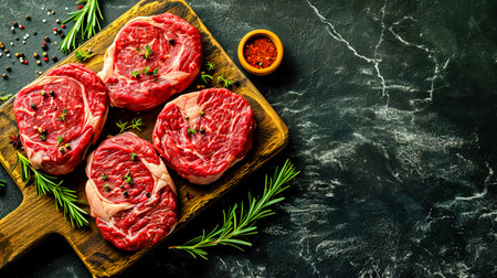 Raw marinated marbled beef steaks on a wooden board. Top view.の素材