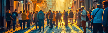 European people queue on street outside.の素材