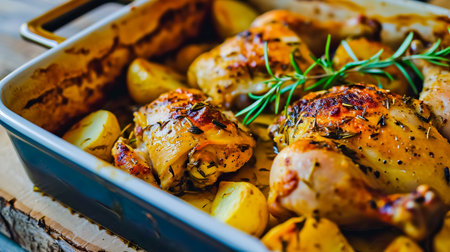 Chicken legs with potatoes and rosemary in a baking dish as background, top view.の素材