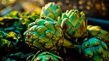 Green fresh artichoke - fresh artichokes an the market.の素材