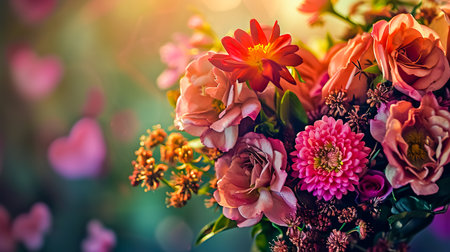 Bouquet of flowers in heart shape. Valentine's day, mother's day, women's day background.の素材