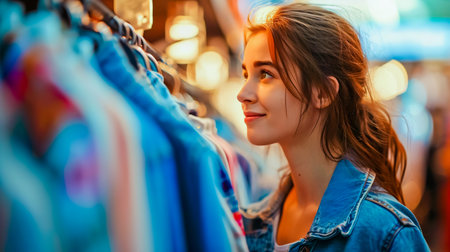 Cheerful pretty young woman buyer choosing clothes from rack in clothing store, blurred background.の素材
