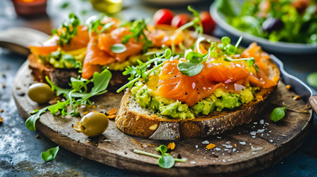 Scramble on toast with salmon and guacamole and olives. Smoked salmon with crumble egg toasted with salad.の素材