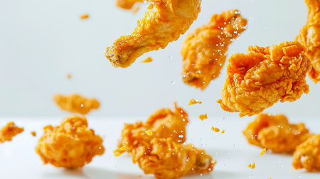 Freeze motion of flying pieces of fried chicken pieces on golden background. Concept of levitating food.の素材