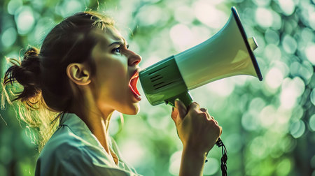 Businesswoman screaming into megaphone.の素材