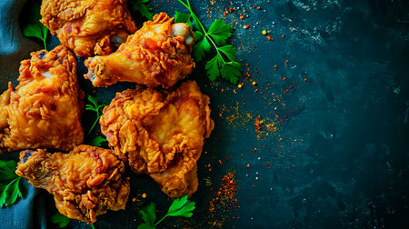 Fried chicken on a dark background, top view.の素材