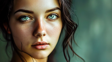 Portrait of lovely young woman in a dark hair, distinct facial features.の素材
