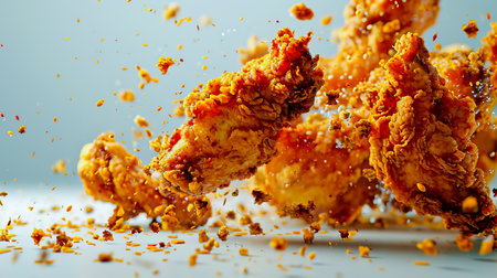 Freeze motion of flying pieces of fried chicken pieces on golden background. Concept of levitating food.の素材