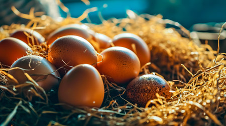 Fresh chicken eggs with nest. A pile of brown eggs in a nest.の素材