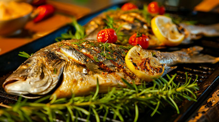 Fried fish with vegetables. Grilled Dorada fish, sea breath with the addition of spices, herbs and lemon on the grill plate.の素材