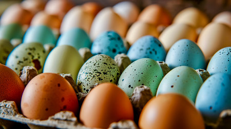 Lot of different color chicken eggs arranged by color on paper egg box. From natural organic farm.の素材