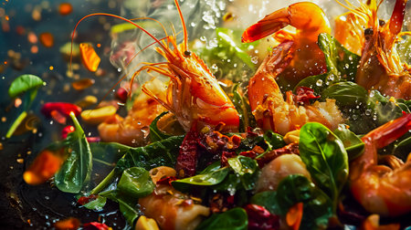 Asian food delivery. Chinese recipes. Flying wok ingredients - shrimp, vegetables, onions and peanuts.の素材