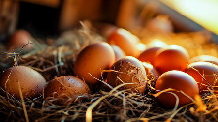 Fresh chicken eggs with nest. A pile of brown eggs in a nest.の素材