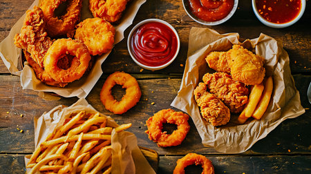 Fast food meals: onion rings, French fries, chicken nuggets and fried chicken on wooden table, top view.の素材