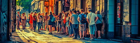 European people queue on street outside.の素材
