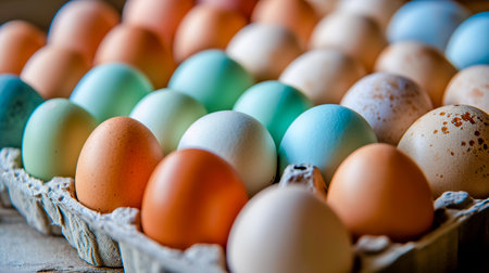 Lot of different color chicken eggs arranged by color on paper egg box. From natural organic farm.の素材